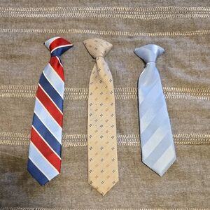 Boys’ Red & Navy Stripe Tie, Beige Pattern Tie, and Light Blue Clip On Tie Set